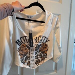 Fashion Nova White Motor City Graphic Hook-Front Crop Top